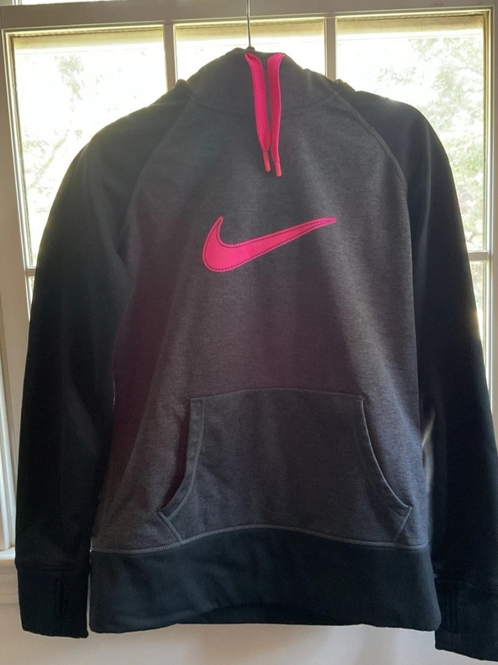 Nike Black & Dark Gray Crewneck Hoodie with Pink Swoosh